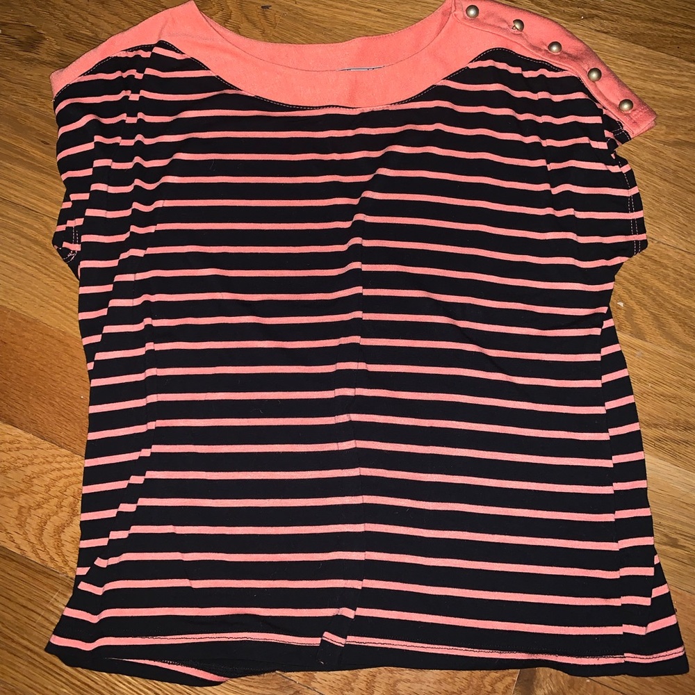 Chloe K stripe top with button shoulder
